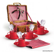 RED ENAMEL PICNIC SET IN A BASKET